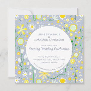 Modern Blue Yellow Floral Evening Wedding Invitation