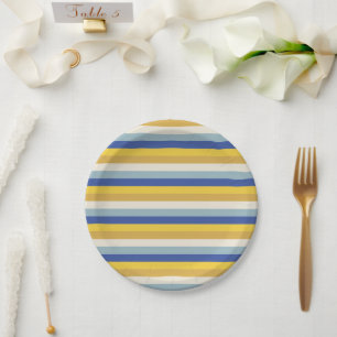 Modern blue yellow gold cream stripes Hanukkah Paper Plate