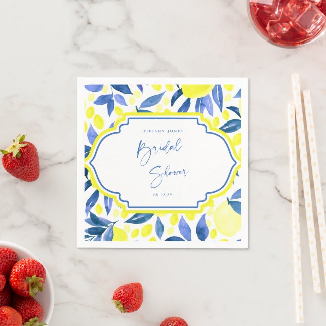 Modern Blue Yellow Lemons Bridal Shower  Napkin (Insitu)