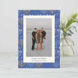 Modern Blue Yellow Menorah Hanukkah Two Photo Holiday Card