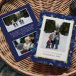 Modern Blue Yellow Menorah Stars 3 Photos Hanukkah Foil Holiday Card<br><div class="desc">Celebrate Hanukkah in style with this modern photo card featuring a chic menorah and star pattern in timeless blue tones. Accented with real gold foil for a festive, elegant touch. The front showcases your favourite vertical family or couple photo in a clean white frame. The back includes space for two...</div>