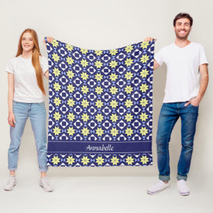 Modern Blue Yellow Moroccan Floral Pattern Name Fleece Blanket