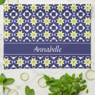 Modern Blue Yellow Moroccan Floral Pattern Name Kitchen Towel