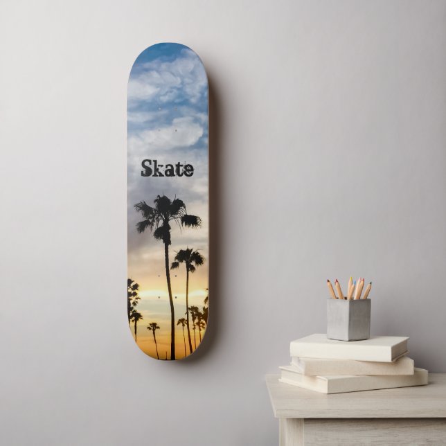 Modern Blue Yellow Personalized Palm Tree Sunset Skateboard (Wall Art)