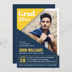 Modern Blue Yellow Photo Graduation Party Invitation