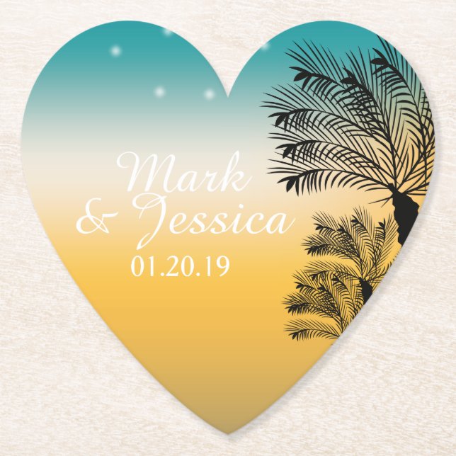 Modern Blue Yellow Sunset Tropical Beach Palms Paper Coaster (Front)