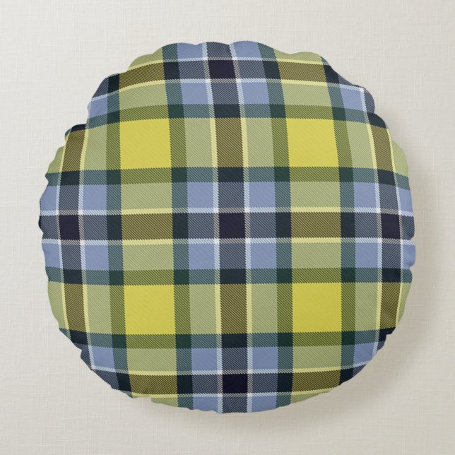  Modern Blue & Yellow Tartan Plaid Pattern Round Pillow (Front)