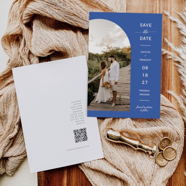 Modern Blue Yonder Arc Photo QR Code Save the Date Invitation (Creator Uploaded)
