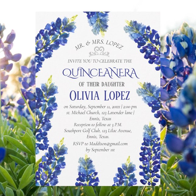 Modern Bluebonnets Quinceañera Floral 15 Birthday  Invitation (Creator Uploaded)
