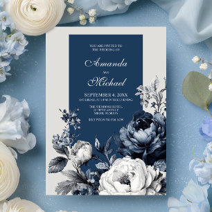 Modern Blues & Grey Floral Wedding Invitation