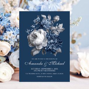 Modern Blues & Grey Floral Wedding Invitation