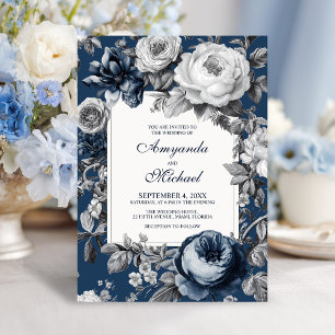 Modern Blues & Grey Floral Wedding Invitation