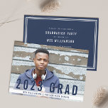 Modern Blues Photo Graduation Party Invitation<br><div class="desc">Modern blue and white graduation photo announcement or party invitation features your landscape oriented senior photo on the front, with "201X Grad" in navy blue typeface and transparent white overlay stripes displaying the graduate's name and school. Add your party details to the back in matching navy and white; or, clear...</div>