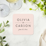 Modern Blush and Black Wedding Monogram Square Paper Coaster<br><div class="desc">Modern and chic blush pink wedding coasters feature an elegant and minimal black typographic monogram design that can be personalized with the bride and groom names and wedding date.</div>