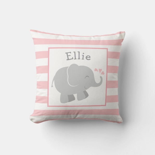 Modern Blush and Grey Elephant Custom Monogram Throw Pillow (Front)