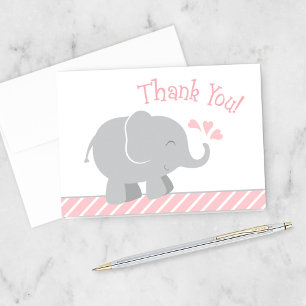 Modern Blush and Grey Elephant Girl Baby Shower Thank You Card