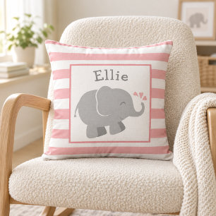 Modern Blush and Grey Elephant Monogram Throw Pillow