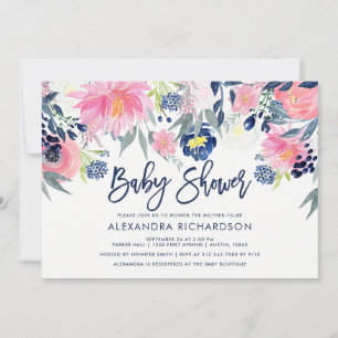 Modern Blush and Navy Floral Baby Shower Invitation