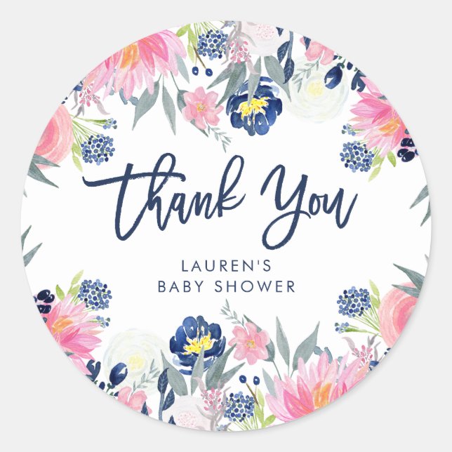 Modern Blush and Navy Floral Baby Shower Thank You Classic Round Sticker (Front)