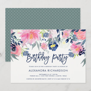 Modern Blush and Navy Floral Birthday Party Invitation