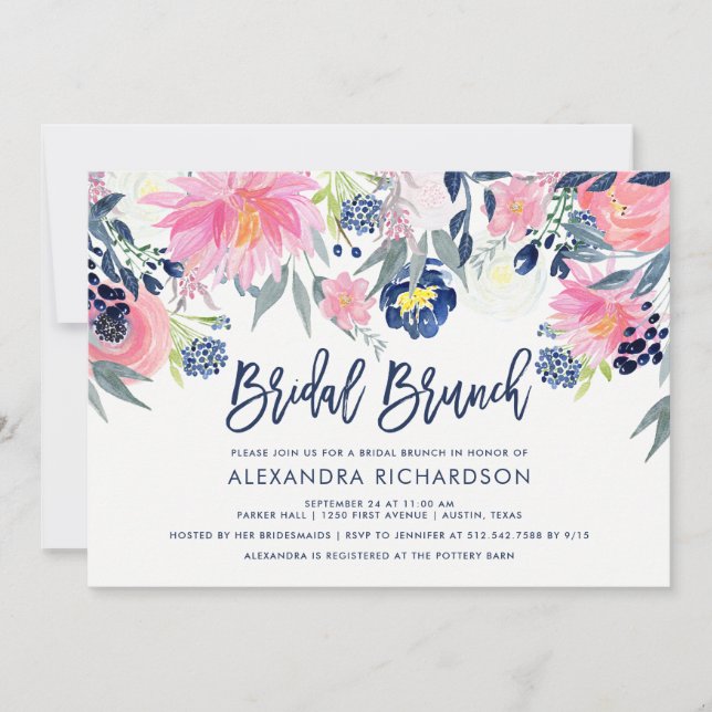 Modern Blush and Navy Floral Bridal Brunch Invitation (Front)