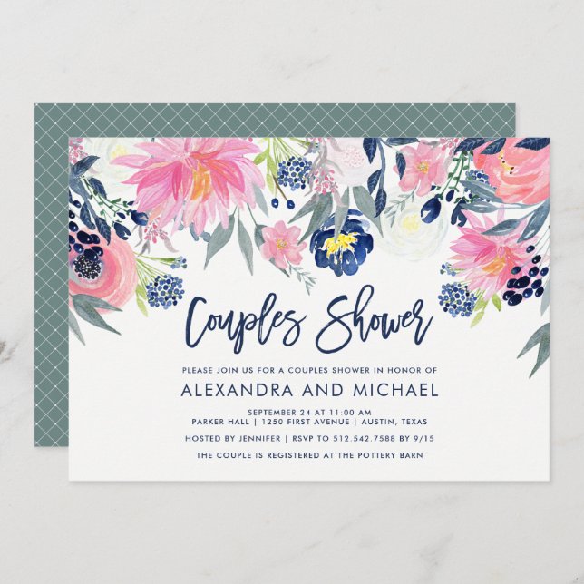 Modern Blush and Navy Floral Couples Shower Invitation (Front/Back)