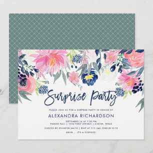 Modern Blush and Navy Floral Surprise Party Invitation