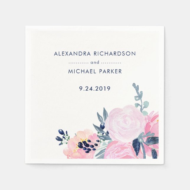Modern Blush and Navy Floral Wedding Napkin (Front)