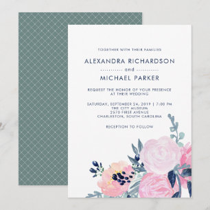 Modern Blush and Navy Floral Wedding   Vertical Invitation