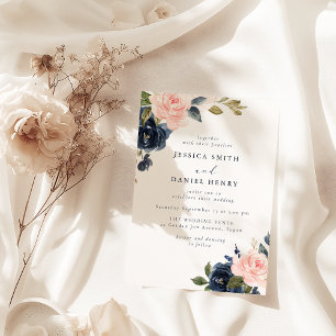 Modern Blush and Navy Florals Wedding Invitation