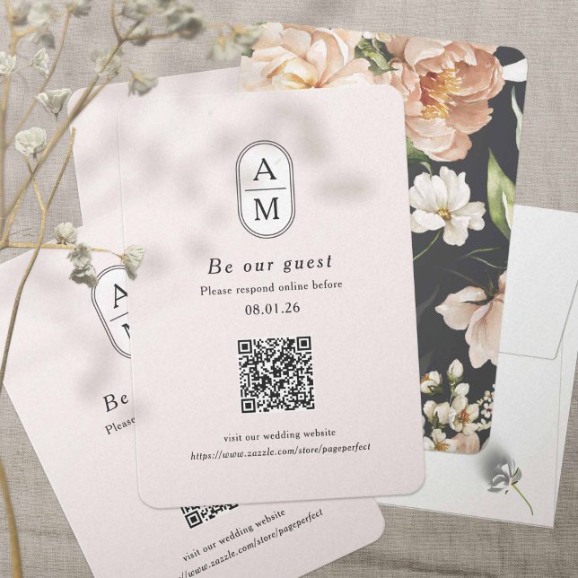 Modern Blush arch initials rsvp with QR code  Enclosure Card (Creator Uploaded)