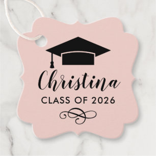 Modern Blush Black Script Name Photo Graduation Favour Tags