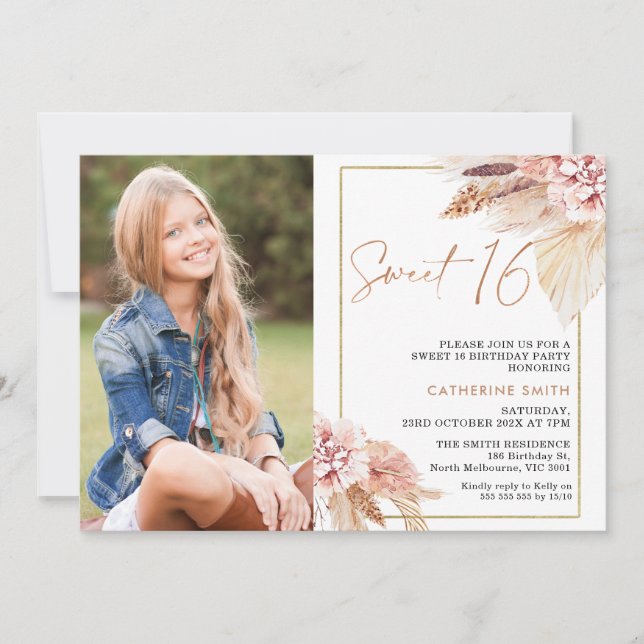 Modern Blush Boho Floral Photo Sweet 16 Birthday Invitation (Front)