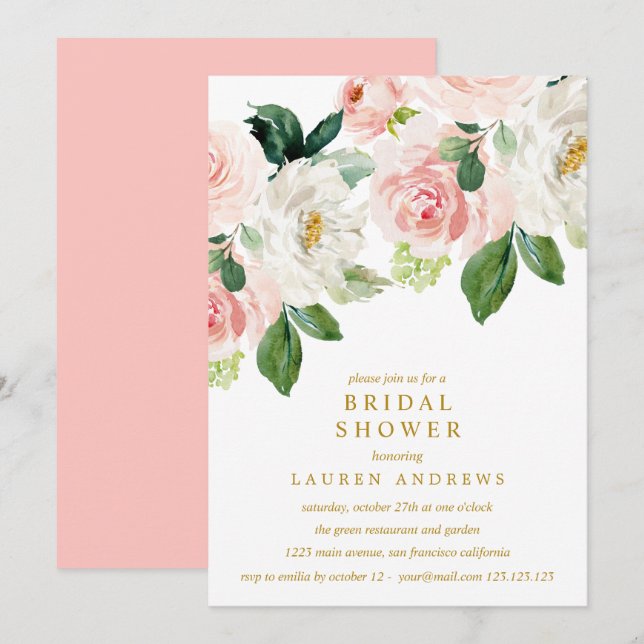 Modern Blush Bouquet Bridal Shower Gold Wedding Invitation (Front/Back)
