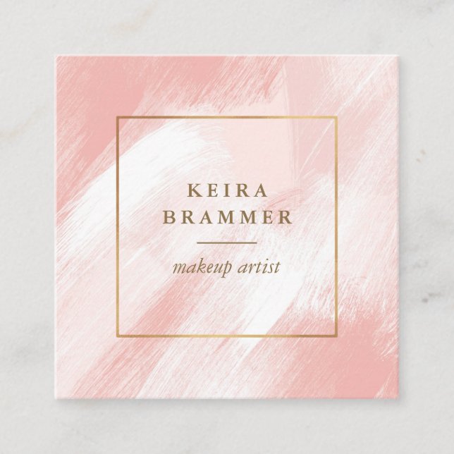 Modern Blush Brush Strokes Gold Frame Square  Business Card (Front)