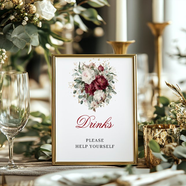 Modern Blush Burgundy Drinks Sign with Greenery (Modern Blush Burgundy Drinks Sign with Greenery)