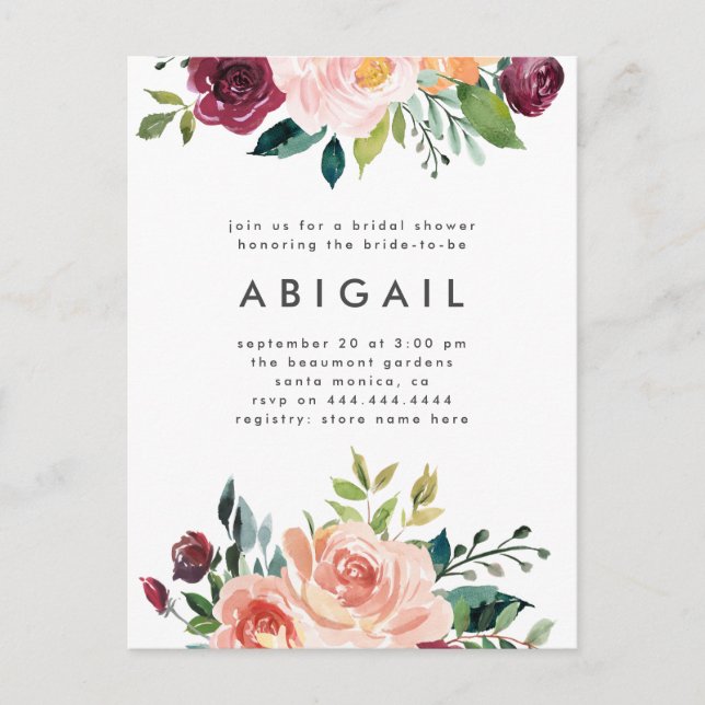 Modern Blush Burgundy Floral Bridal Shower Invitation Postcard (Front)