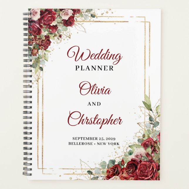 Modern blush burgundy floral gold frame wedding planner (Front)