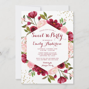 Modern Blush Burgundy Floral Sweet 16 Invitation