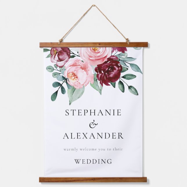 Modern Blush Burgundy Florals Welcome Wedding Hanging Tapestry (Front)