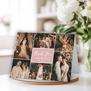 Modern Blush Calligraphy 6 Photo Collage Wedding Thank You Card