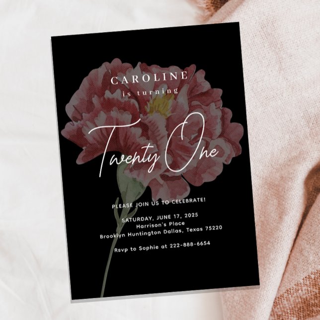 Modern Blush Carnation Black Birthday Invitation (Creator Uploaded)