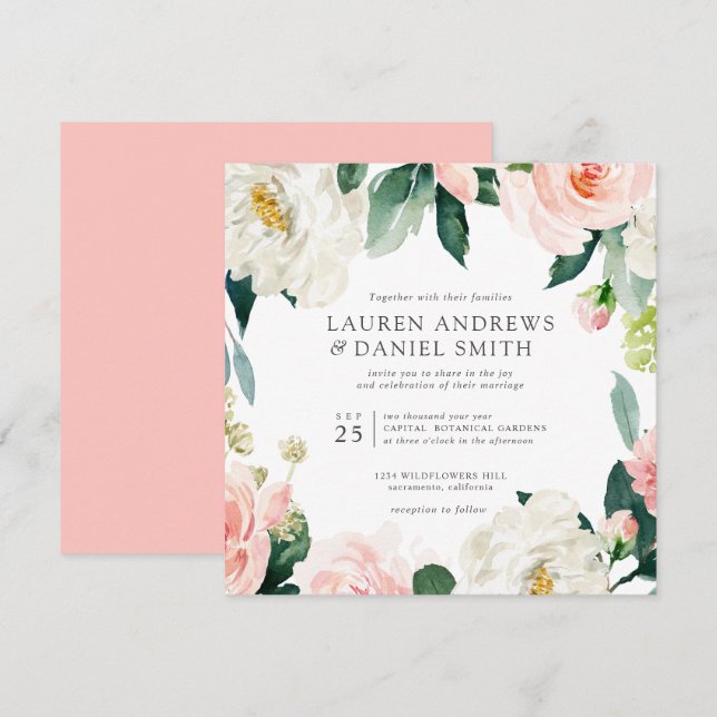 Modern Blush | Chic Botanical Garland wedding Invitation (Front/Back)