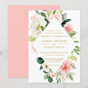 Modern Blush   Chic Diamond GOLD Floral Wedding Invitation