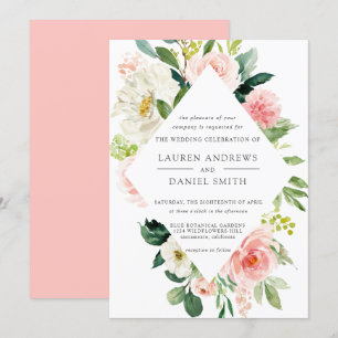 Modern Blush   Chic Diamond Pink Floral Wedding Invitation