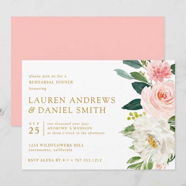 Modern Blush | Chic Floral Gold Rehearsal Dinner Invitation (Front/Back)