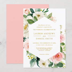 Modern Blush   Chic Geometric Gold Floral Wedding Invitation