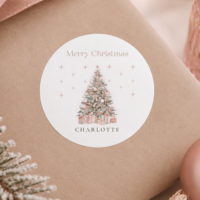 Modern Blush Christmas Tree – Personalized Holiday Classic Round Sticker (Creator Uploaded)