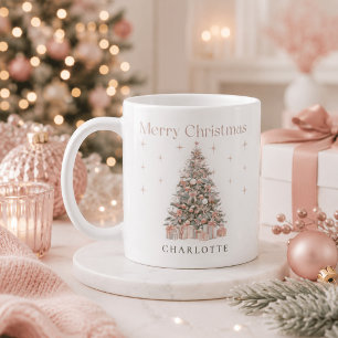 Modern Blush Christmas Tree – Personalized Holiday Coffee Mug