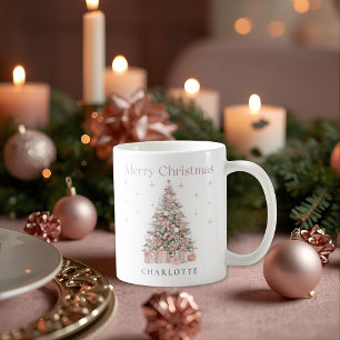 Modern Blush Christmas Tree – Personalized Holiday Coffee Mug